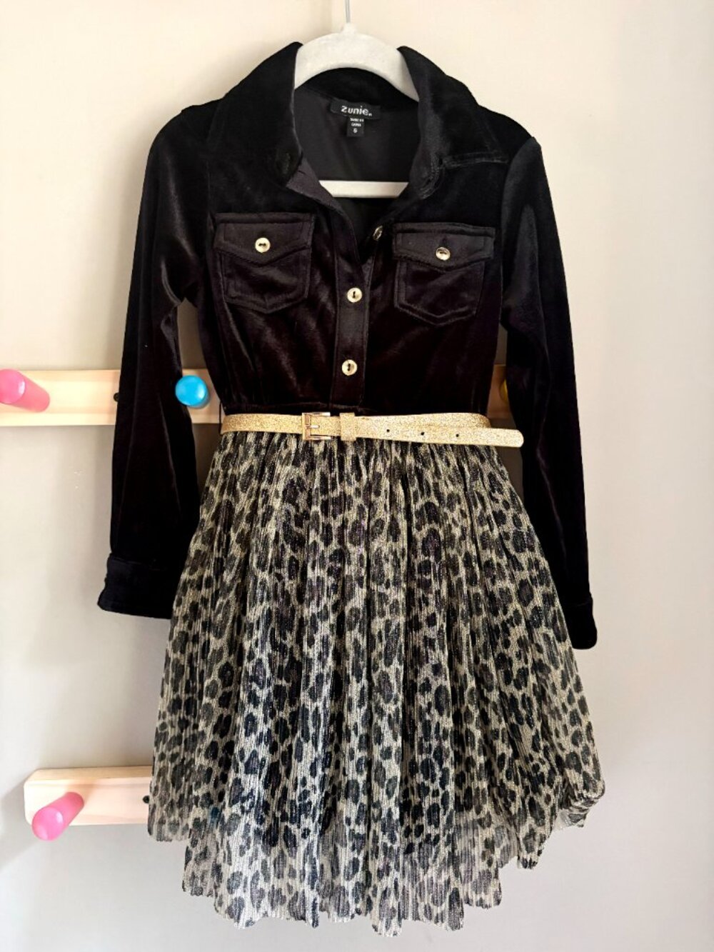 Zunie Black Velour + Leopard Print Layered Tulle Dress w/ Removable Belt